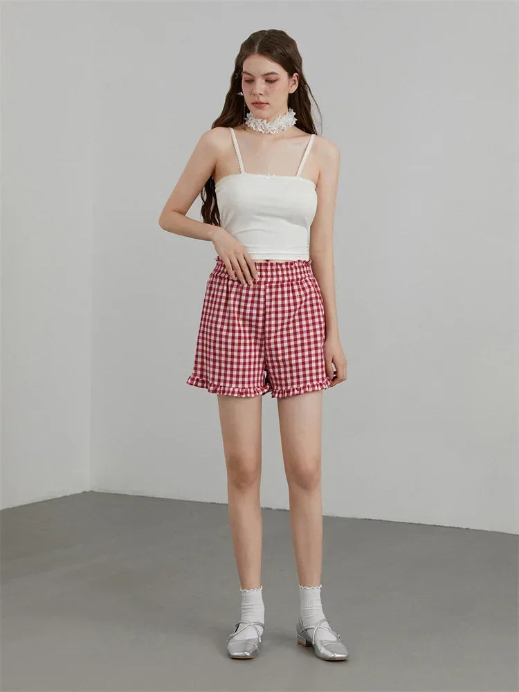 Women's Plaid Shorts Casual Loose Fitting Elastic Waist Shirred Ruffled Trim Short Pants Lounge Shorts