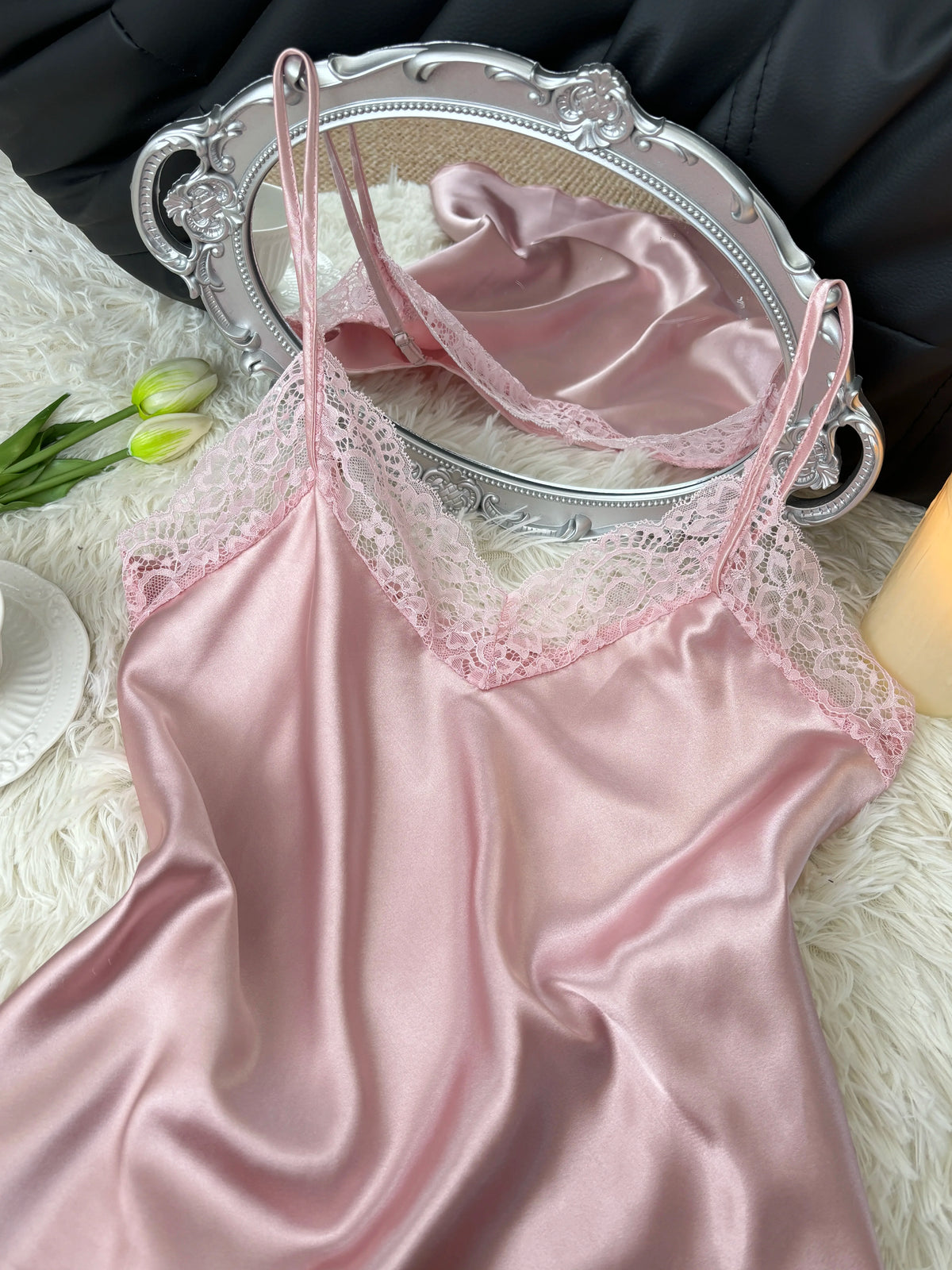 Women's Sexy Silk Satin Pajamas Sets Lace Trim Cami Tops Shorts Sleepwear