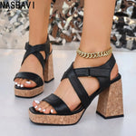 French Brown Roman Sandals for Women Square Toe 9cm Chunky Heel Platform Hook&Loop Big Size 34- 43 Modern Daily Lady Shoes New
