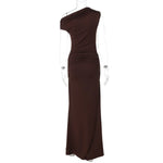 FDYOUI Woman Clothes Diagonal Collar Ruched Brown Long Dresses 2026 Summer Lady Chic One Shoulder Sleeveless Tunics Party Dress