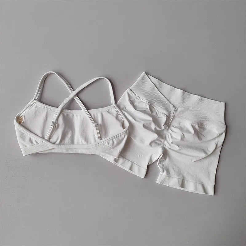 Seamless 2PCS Leggings Set Women Seamless Yoga Set High Waist Scrunch Butt Shorts With Halter Sports Bras Workout Gym Suit Set