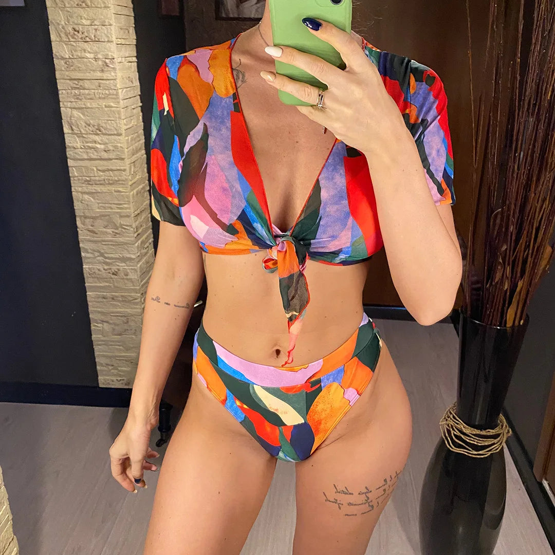 S - XXL Leopard Printed High Waist Bikini Female Swimsuit Women Swimwear Three-piece Bikini set Bather Bathing Suit Swim V2805SW