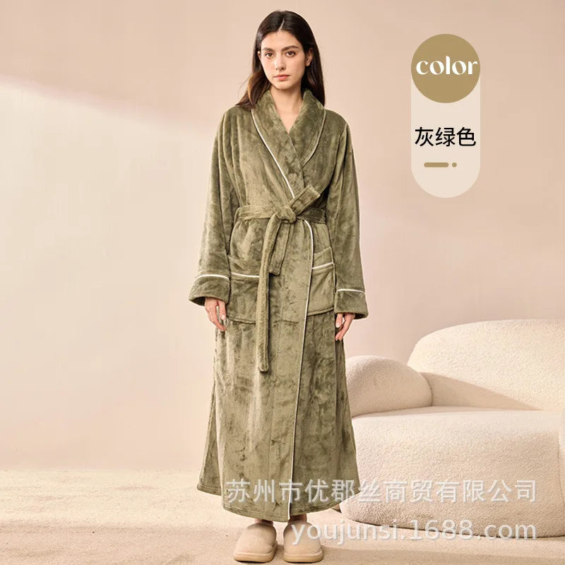 Long Flannel Robe for Men Women Warm Home Pajamas Loungewear 2026 Autumn Winter New Thick Coral Fleece Couple Bathrobe