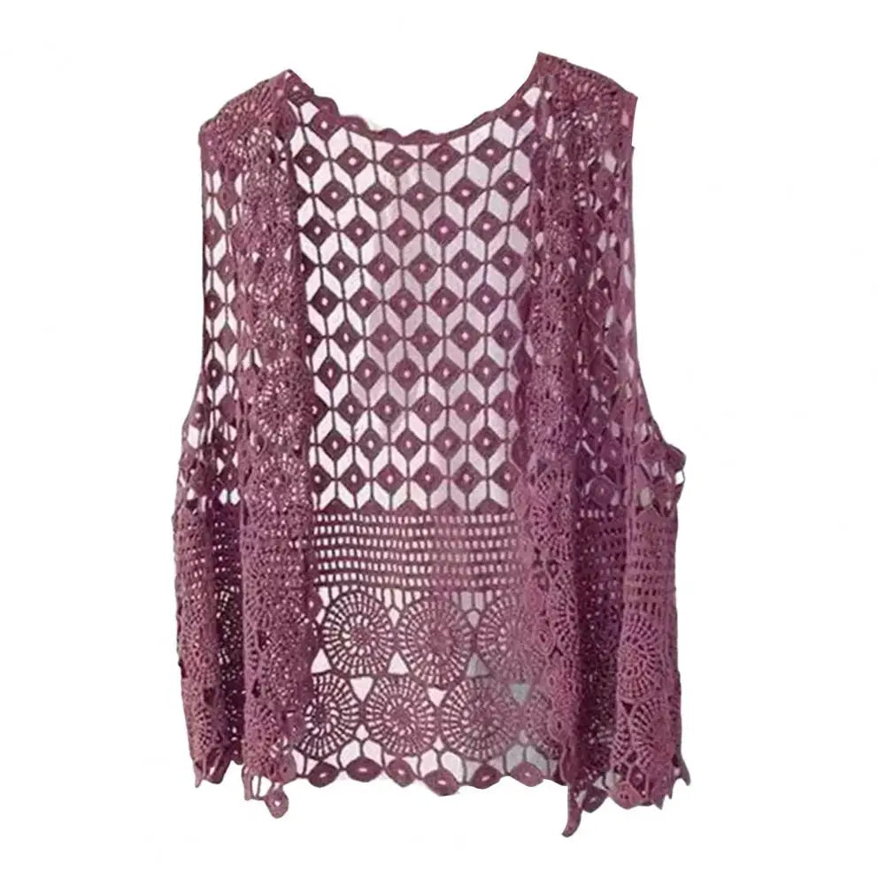 Women Summer Vest Hollow Out Retro Knitted Crochet Sleeveless Loose Open Stitch Thin Cardigan Daily Outwear Coat Top