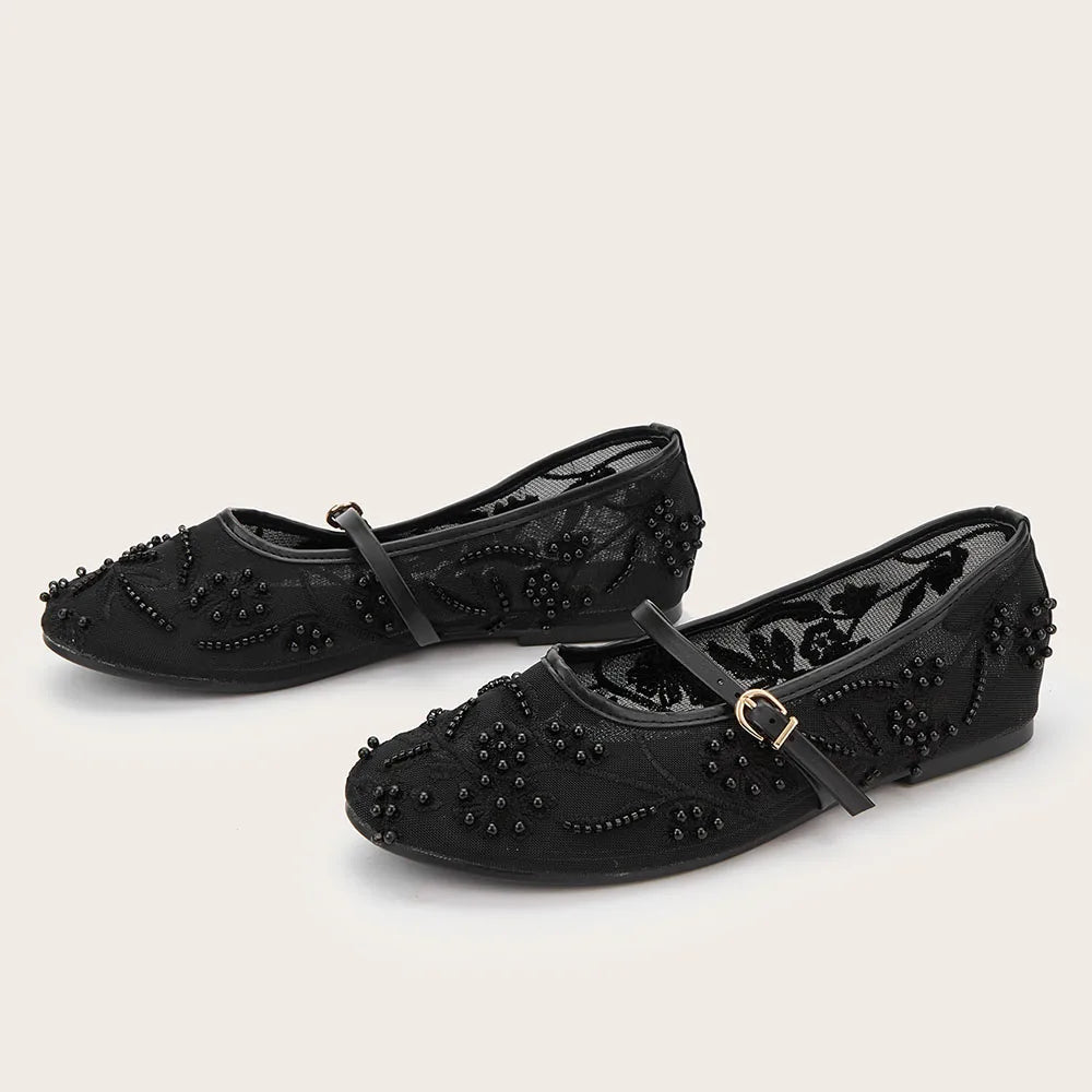 2026 Big size 42 Chic Nude Beading Flat Mary Janes Shoes Women Leisure Mesh Pearls Embroidery Comfy Walk Ballet Flats Shoes