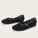 2026 Big size 42 Chic Nude Beading Flat Mary Janes Shoes Women Leisure Mesh Pearls Embroidery Comfy Walk Ballet Flats Shoes