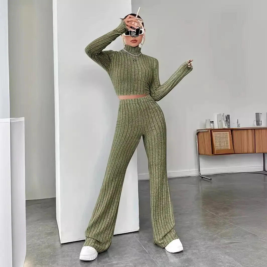 Autumn and Winter Women's New Home Clothes Two Piece Set Sports Long Sleeve Retro Slim fit Bellbottom Pants Set Y2K Sleepwear