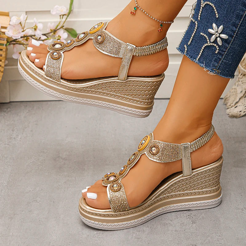 Fashion Crystals Wedges Heel Sandals Women Summer Chunky Platform Bohemian Sandalias Mujer Slip On High Heels Sandles Female 43