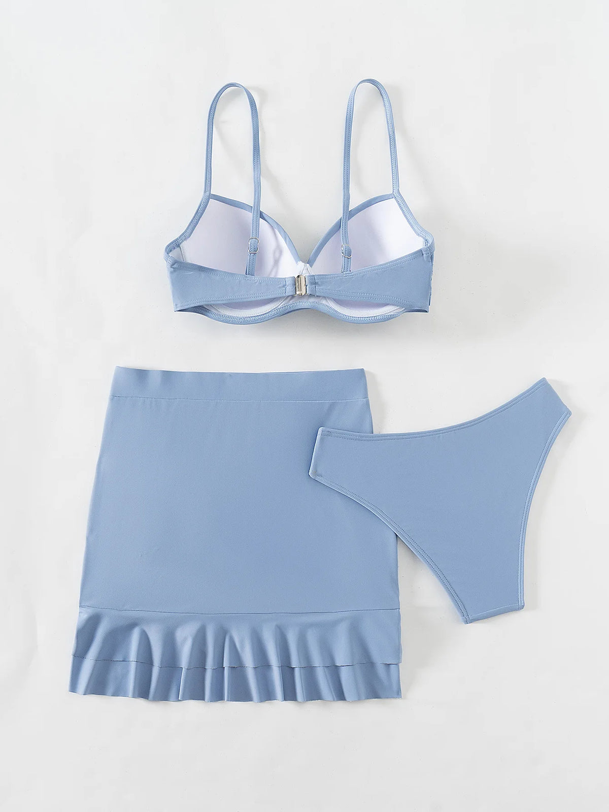 Women's Sky Blue Three Piece Swimsuit Solid Color V-neck Underwire Bikini Set Beach Vacation Suspender Backless Swimwear 2026