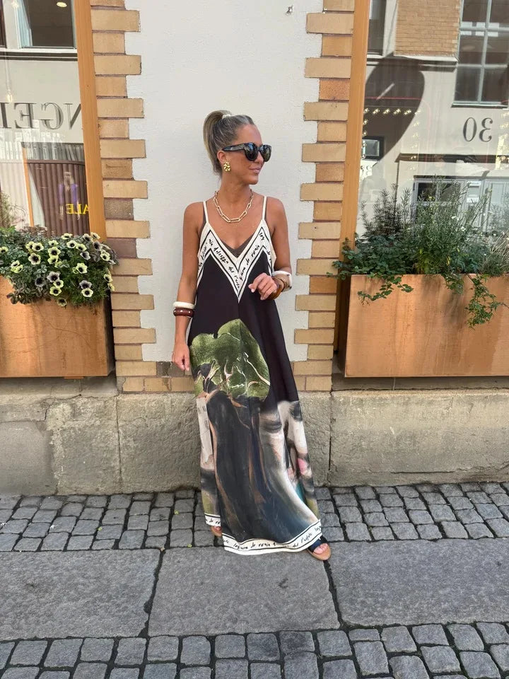 Casual Vacation Style Print Spaghetti Strap long Dresses Women Sexy V-neck Backless Loose Sleeveless Dress Female Summer New