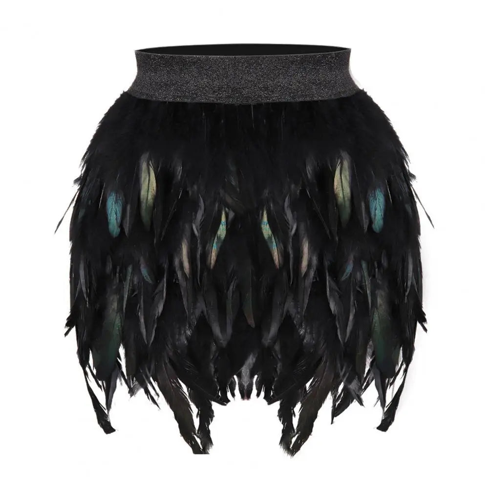 Womens Faux Feather Mini Skirt Elastic Mid Waist A-line Skirt Ladies Mardi Gras Outfit Festivals Carnival Dance Party Supplies