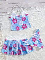 Vintage Green Floral Print Bikini Set 2026 Women Drawstring Pleate Skirt 3 Piece Swimsuit Beach Holiday Bathing Suit Swimwear