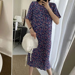 Summer Women Dress Small Flower Print Crew Neck Loose Short Sleeves Pleated Dating Shopping Midi Dress Mid-calf Length Pullover
