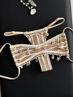 Striped Shell Fishnet Bandeau Bikini Women Swimsuit Female Swimwear Two Pieces Bikini Set Mini Micro Thong Bathing Suit Swim