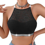Women Vest Bra See-through Halter Neck Flower Backless Sports Style Knitted Elastic Crop Top Bra for Yoga Gym Running
