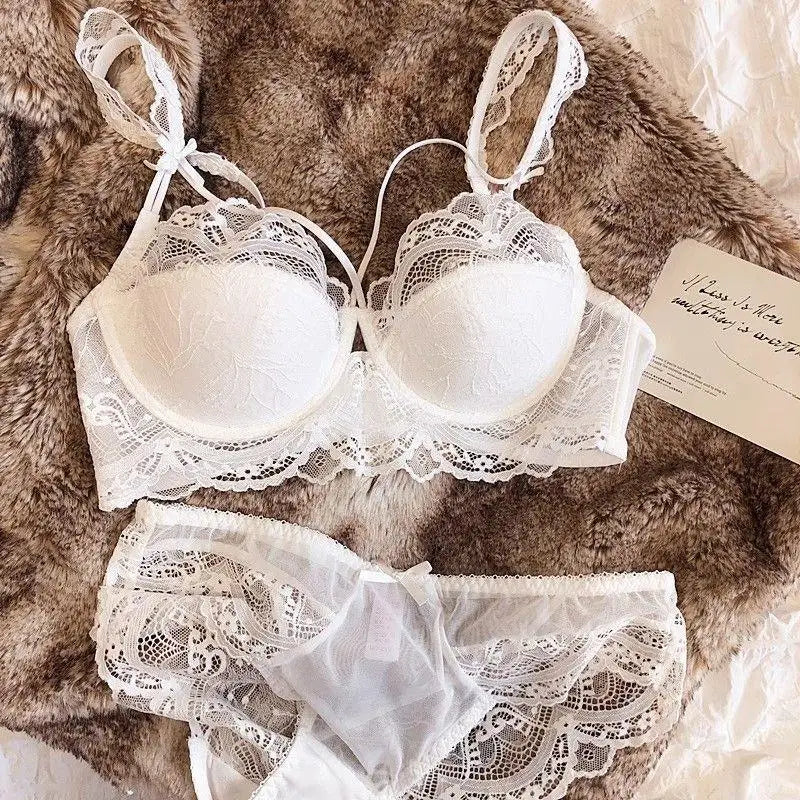 MOYISU French Pure Lace Bralette Petite Bra Set, AABB Cup with Removable Straps & Thin Push Up Pads, Soft Underwire Sexy Women's
