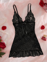 Sexy Sheer Floral Lace Dress For Women Babydoll Deep V Spaghetti Strap Mini Sleepwear Nightwear Sheath Back Bow For Honeymoon