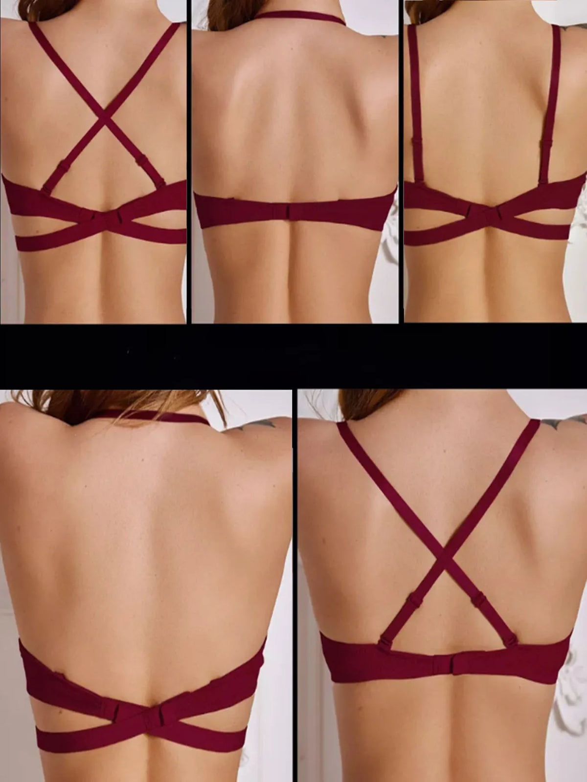 Women's Essentials Deep U Multi-Way Push Up Convertible Low Cut Plunge Bra Deep V Bra Wine