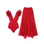 2024 Sexy Sling Ruffle Solid Two Pieces Bikini Women High Waist 3D Flower Swimsuit Skirt Summer Backless Beachwear Bathing Suit