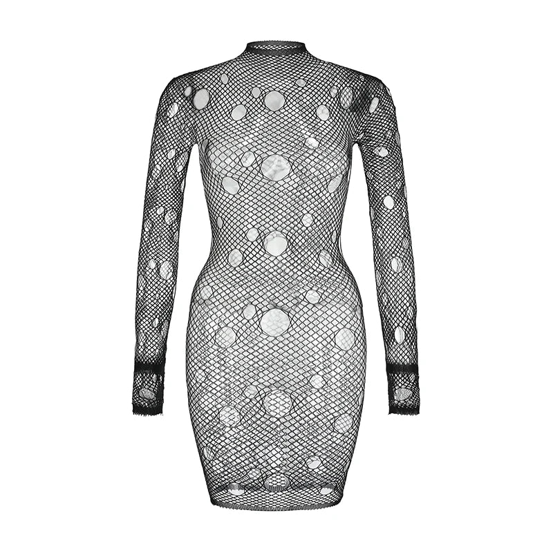 Women Sheer Mesh Long Sleeve Beach Cover Up, Sexy See-Through Fishnet Dress, Solid BodyconFor Summer Beach Party