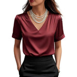 Women T-shirt Solid Color Loose Fit Smooth Satin V-Neck Short Sleeve Tops Ladies Summer Casual Tee Shirt Daily Wear