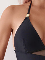 2025 Ruched Halter Swimsuit One Piece Swimwear Women Sexy Bathers Black Mesh Bathing Swimming Swim Suit Female V Neck Beachwear