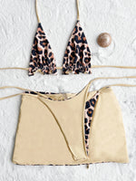 2026 Summer Leopard Print 3 Pieces Suit Swimwear Reversible Sexy Halter Lace-up Bikini Set Drawstring Skirt Cover Up Beachwear