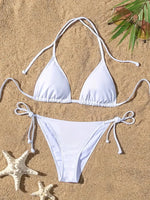 New Women Swimsuit Ribbed Backless Pads Bikini Set Halter Triangle Bra Side Tie Thong Swimwear Beachwear Lady Bathing Suit