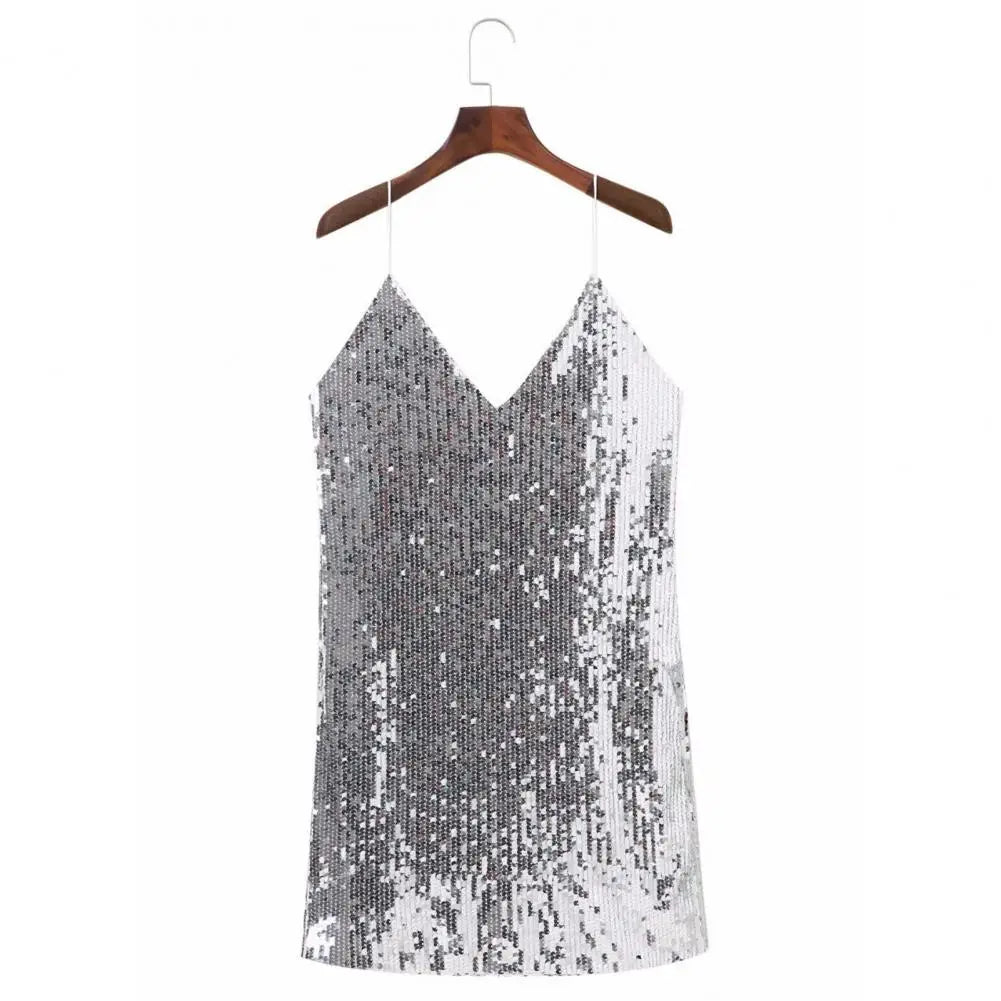 Deep V-Neck Sleeveless Sling Backless Hip Wrap Summer Dress Sexy Women Silver Color Sequins Mini Pencil Dress Club Wear