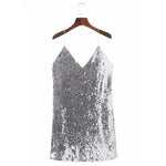 Deep V-Neck Sleeveless Sling Backless Hip Wrap Summer Dress Sexy Women Silver Color Sequins Mini Pencil Dress Club Wear