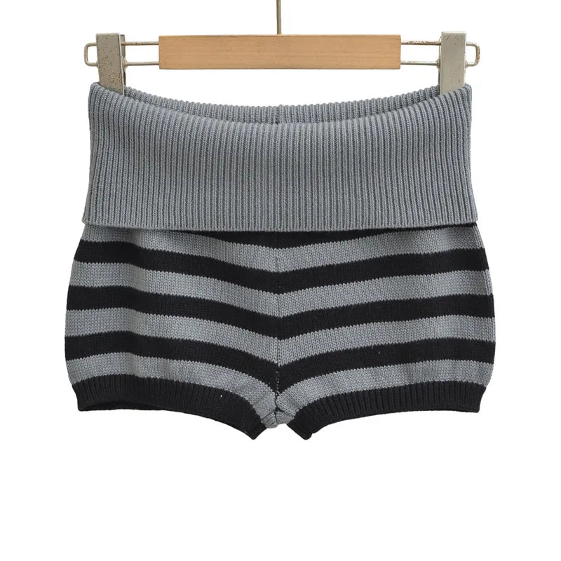 Stripe Fold Over Waist Knit Shorts For Women Soft Stretch Ribbed Fabric Relaxed Fit Retro Perfect For Casual Street Style V0HI