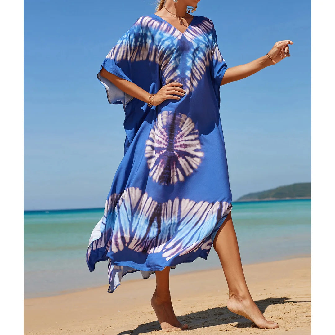 2026 New Colorful Kaftan Tunic Beach Dress Beach Wear Beachwear Beach Cover Up Cover-upsLoose Maxi Dress Female Women V4428
