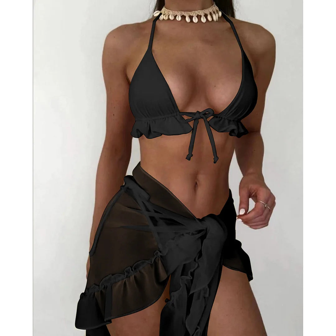 New With Sarong Halter Ruffled Bikini Women Swimwear Female Swimsuit Three-pieces Bikini Set Bather Bathing Suit Swim Lady V4144