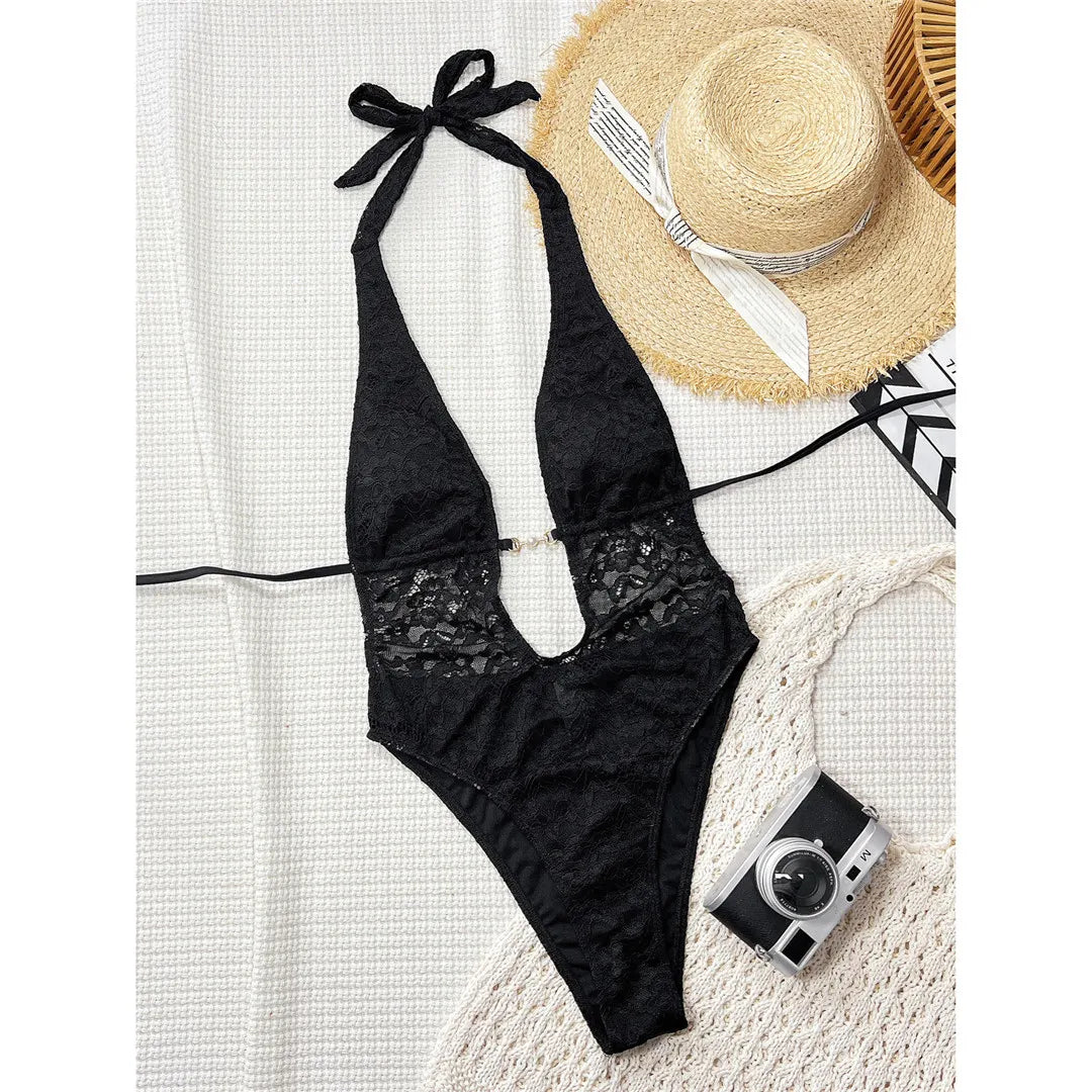 Lace Deep V Neck Halter Women Swimwear One Piece Swimsuit Female Monokini High Leg Cut Backless Bather Bathing Suit Swim V8264