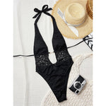 Lace Deep V Neck Halter Women Swimwear One Piece Swimsuit Female Monokini High Leg Cut Backless Bather Bathing Suit Swim V8264