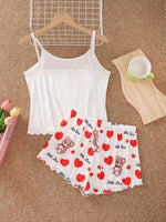 Cute Love Bear Printed Pajamas Set for Women's Sleepwear Loungewear Crop Tops and Shorts Home Wear Clothes