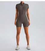 Yoga Jumpsuit Fashion Zipper Dance Short Playsuit Women Romper Short Sleeve Gym Fitness Overalls One Piece Sports Suit Unitard