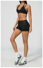 Breathable Striped Patchwork Yoga Clothing Women Fake Two-piece Sports Bra Folding High Waist Shorts Gym Running Fitness Suit