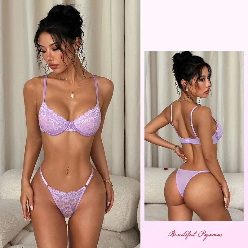 Romantic Women's Lace Lingerie French Ultrathin Sexy Intimate Underwear Soft Underwire Push Up Bra Thong Sheer Mesh Lingerie Set