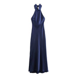 Elegant Solid Color Satin Halter Lace Up Long Dress Sexy Off Shoulder Backless Sleeveless Bodycon Dresses New Lady Party Robe