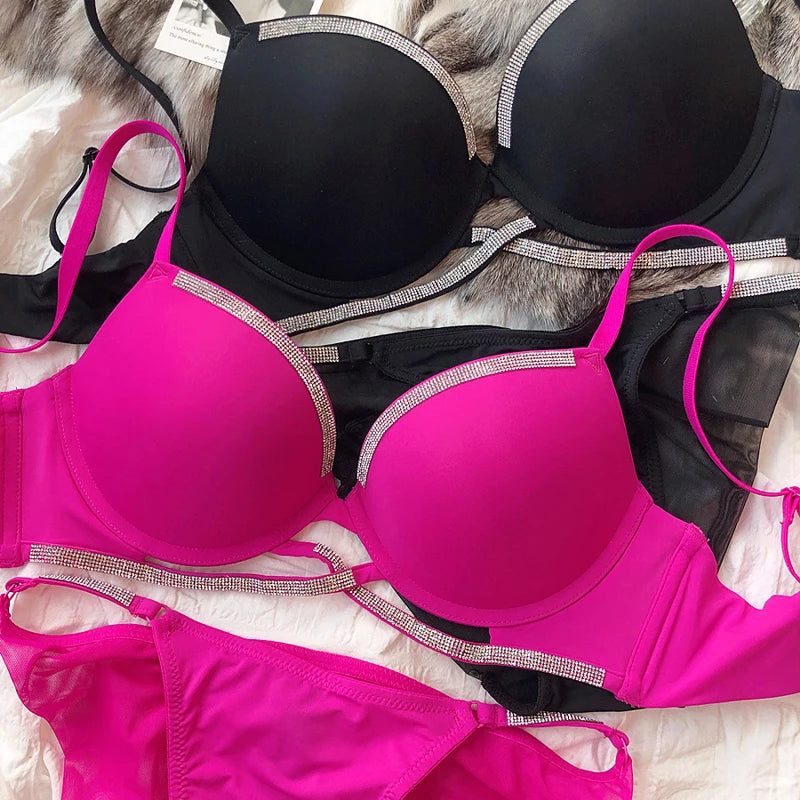 Sexy Women Underwear Set Cross Hollow Bra Fashion Rhinestones Cup Solid Color Push Up Brassiere Deep V Lingerie 2 Pieces Set