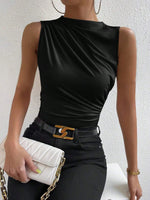Women's Casual Mock Neck Ruched Tank Top Summer 2024 Solid Color Slim Fit Pleated Sleeveless T Shirt Tee Tshirt Streetwear