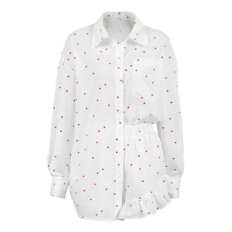 Women's Heart Print 2 Piece Lounge Wear Outfits Sleeve Lapel Neck Button Down Tops and Elastic Waist Shorts Pajamas 2026 New