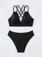 Sexy Solid Black Two Piece Swimsuit for Women Summer New High Waist Bikini Set Beach Vacation V-neck Backless Swimwear 2026