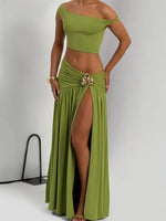Summer Skirt Set Women Metal Flower Sexy Off Shoulder Slim Crop Top High Slit Skirt Sets Fashion Backless Pleated 2 Piece Suits