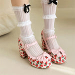 Big Size 43 High Quality Women's y2k Block High Heels Sweet Strawberry Print Mary Jane Pumps Black Pink Platform Lolita Shoes
