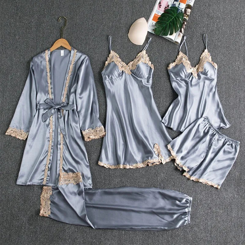 2025 Luxury Satin Pajama Set 5 Pcs Women's Silky Sleepwear Lace Trim Robe Nightgown Cami Shorts Pants Elegant Loungewear New Hot