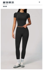 2PCS Women's Tracksuit Seamless Yoga Set Short Sleeve O Neck Workout T Shirts Fitness Suit Tight Hip Lifting Leggings Gym Sets