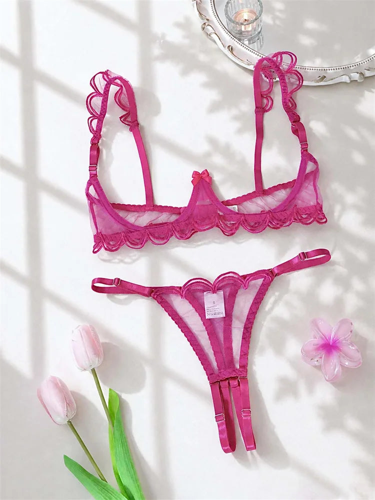 Sexy Women Bra Set Rose Red Mesh Lingerie Three-point Intimate Underwear Bow Underwire Bralette Crotchless Thong Lingerie Set