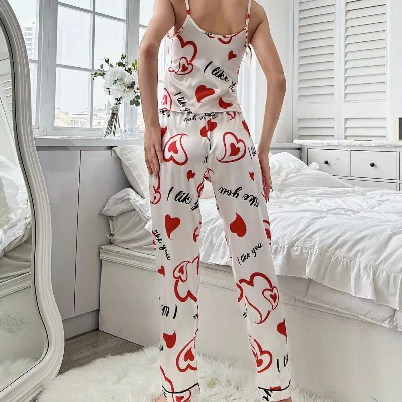 Women's Satin Floral Pajama Sets with Spaghetti Strap Tops and Long Pants Sleepwear 2 Piece Sleeveless Home Clothes Loungewear